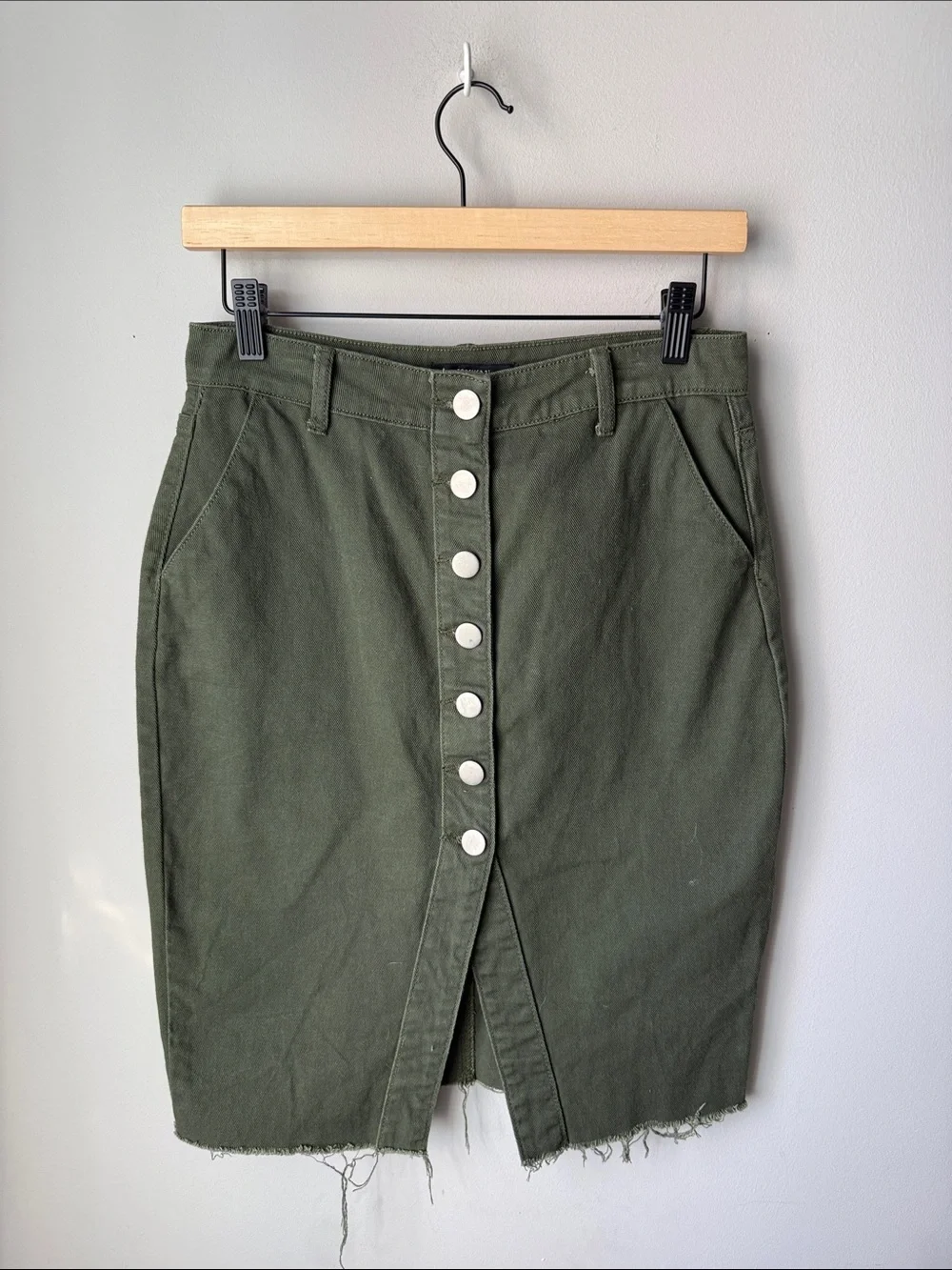 Forever 21 Olive Green Button Front Denim Raw Hem Utility Midi Pencil Skirt